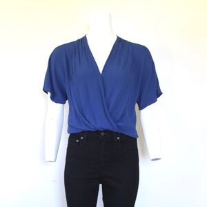 Lovers + Friends Draped Blue Rayon Surplice Blouse